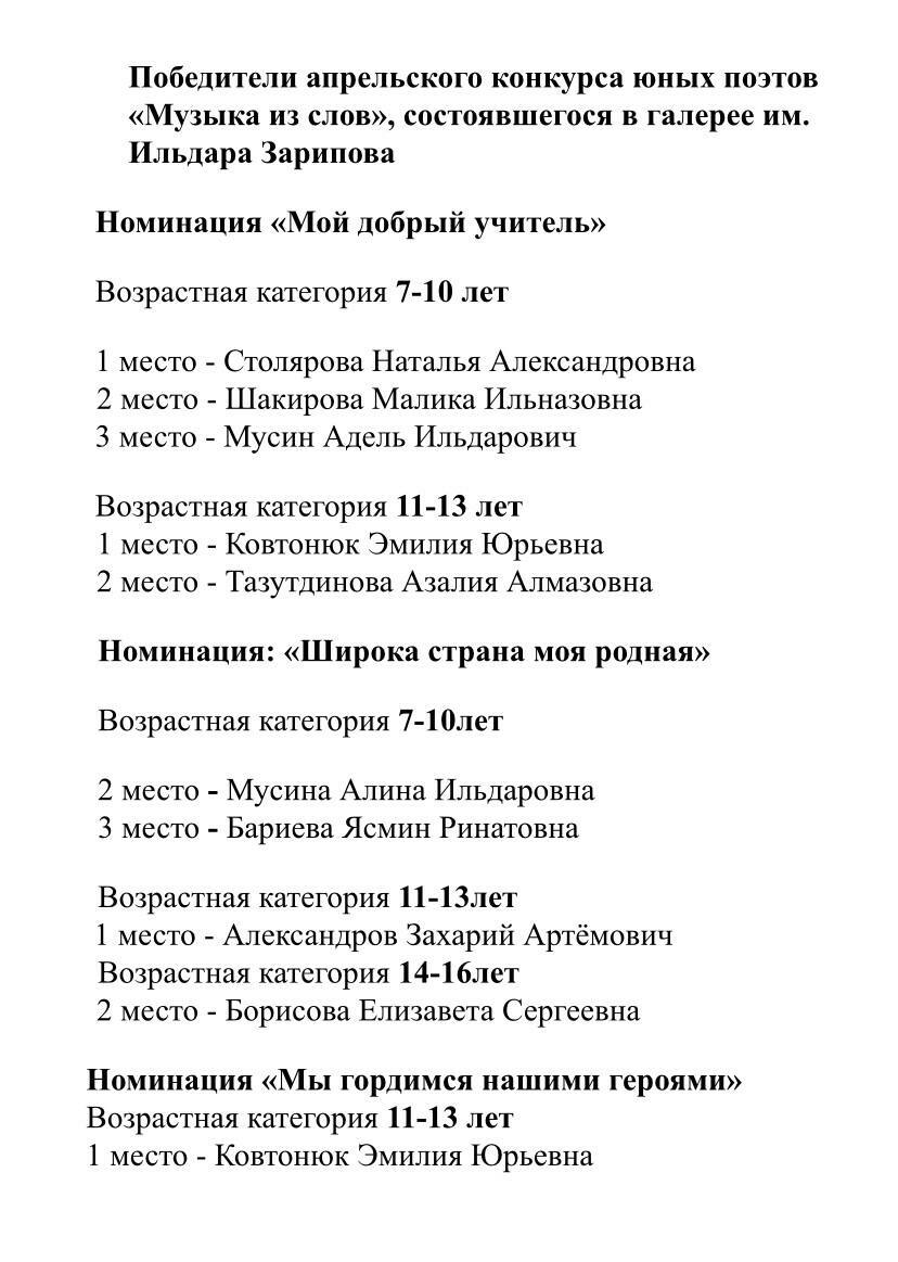 Победители апрельского конкурса юных поэтов